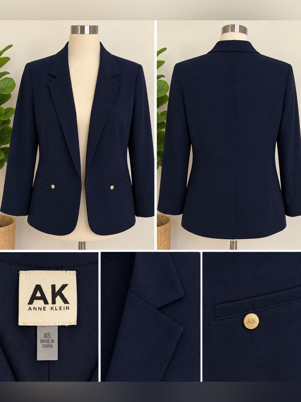 Anne Klein Navy Gold-Accent Single-Button Blazer